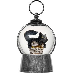Halloween Snow Globe Lantern with 6-Hour Timer, Light-Up Halloween Decorations Indoor, Scary Musical Snow Globe with Swirling Glitter, USB and Battery Powered Black Cat and Mummy