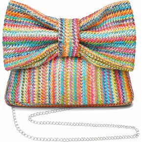 Straw Clutch Purse for Women, Bow Shoulder Crosbody Handbag Woven Beach Purse, Summer Evening Purse Vacation Handbag Tote Purse Shoulder Crossbody Bag 2024 Trendy, Bow-Khaki-Chain