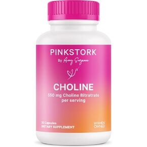 Pink Stork Choline - 550 mg Choline Bitartrate from VitaCholine for Pregnant + Postpartum Moms - Prenatal Vitamin for Fetal Cognitive Health + Breast Milk Quality - 1 Capsule Daily, 30 Count