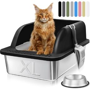 2 Pack Stainless Steel Litter Box with Lid, 24'' x 16'' x 12'' Extra Large Cat Litter Box, XL Large Metal Litter Box for Big Cats with High Sided, Enclosed Cat Litter Boxes with Litter Scoop