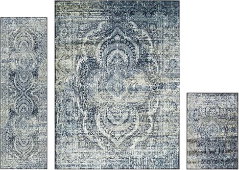 Superior Indoor Area Rug, Non-Slip Foam Backing for Kids or Pets, Entry, Living Room, Kitchen, Dorm, Bedroom, Hallway, Plush Rugs, Vintage Abstract Medallion, Salford Collection, 10' x 14', Blue-Beige in Saudi Arabia