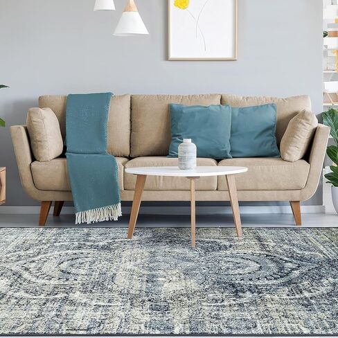Superior Indoor Area Rug, Non-Slip Foam Backing for Kids or Pets, Entry, Living Room, Kitchen, Dorm, Bedroom, Hallway, Plush Rugs, Vintage Abstract Medallion, Salford Collection, 10' x 14', Blue-Beige in Saudi Arabia