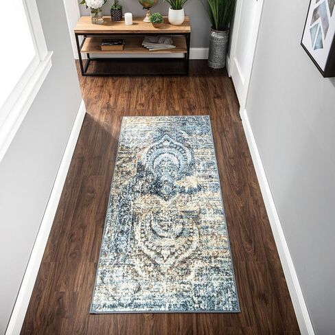 Superior Indoor Area Rug, Non-Slip Foam Backing for Kids or Pets, Entry, Living Room, Kitchen, Dorm, Bedroom, Hallway, Plush Rugs, Vintage Abstract Medallion, Salford Collection, 10' x 14', Blue-Beige in Saudi Arabia