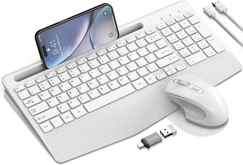 Wireless Keyboard and Mouse Combo, Ergonomic Keyboard with Wrist Rest, Phone Holder, Sleep Mode, 2.4G Lag-Free Rechargeable Compact Silent Cordless Keyboard Mouse for Windows, Mac, PC (Grey Black) in Saudi Arabia