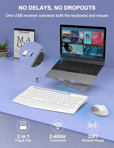 Wireless Keyboard and Mouse Combo, Ergonomic Keyboard with Wrist Rest, Phone Holder, Sleep Mode, 2.4G Lag-Free Rechargeable Compact Silent Cordless Keyboard Mouse for Windows, Mac, PC (Grey Black) in Saudi Arabia