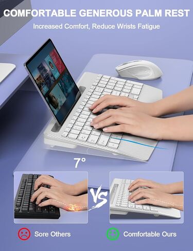 Wireless Keyboard and Mouse Combo, Ergonomic Keyboard with Wrist Rest, Phone Holder, Sleep Mode, 2.4G Lag-Free Rechargeable Compact Silent Cordless Keyboard Mouse for Windows, Mac, PC (Grey Black) in Saudi Arabia