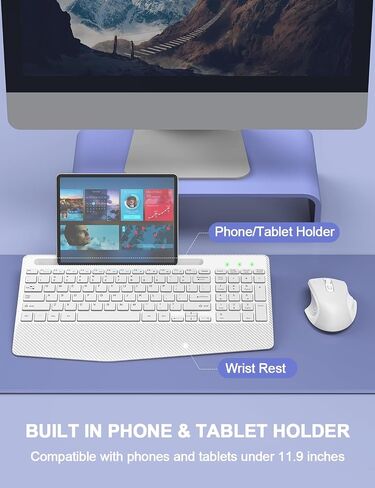 Wireless Keyboard and Mouse Combo, Ergonomic Keyboard with Wrist Rest, Phone Holder, Sleep Mode, 2.4G Lag-Free Rechargeable Compact Silent Cordless Keyboard Mouse for Windows, Mac, PC (Grey Black) in Saudi Arabia