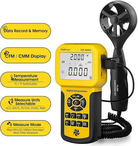 HVAC Anemometer CFM Wind Speed Meter, Digital Airflow Tester Measure Air Velocity Volume Temperature for AC System, Industrial Anemometro with Backlight MAX MIN AVG Data Storage 846A in Saudi Arabia
