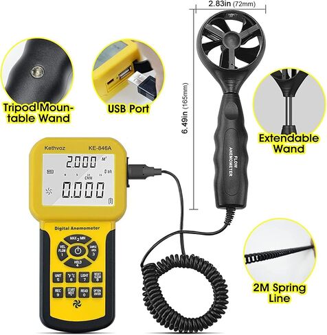 HVAC Anemometer CFM Wind Speed Meter, Digital Airflow Tester Measure Air Velocity Volume Temperature for AC System, Industrial Anemometro with Backlight MAX MIN AVG Data Storage 846A in Saudi Arabia