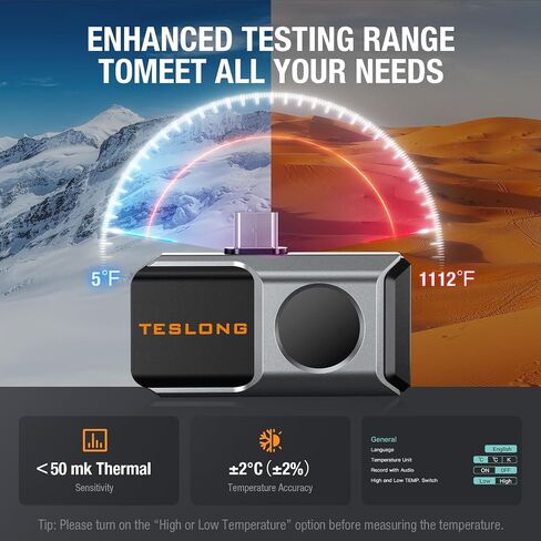 Teslong 160x120 Thermal Camera for Android - Thermal Imaging Camera,50mK Heat Sensitivity, 5℉ to 1112℉ Testing Range, 6 Color Palettes, Works for Smartphones and Tablets & PC(Not for iOS) in Saudi Arabia