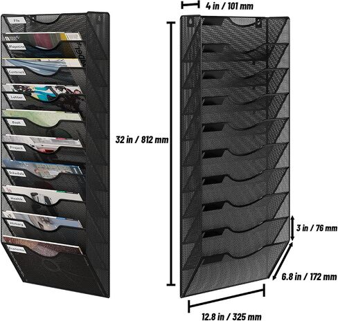 12 Tier Hanging File Holder, Metal Wall File Organizer, Hanging File Organizer for Office, Mail Organizer Wall Mounted, Convenient Office Organization, Black in Saudi Arabia