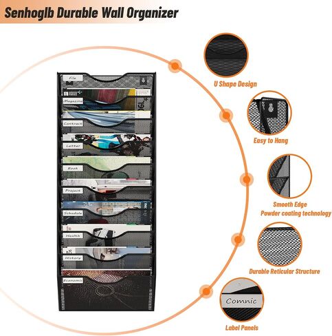 12 Tier Hanging File Holder, Metal Wall File Organizer, Hanging File Organizer for Office, Mail Organizer Wall Mounted, Convenient Office Organization, Black in Saudi Arabia
