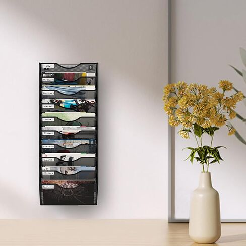 12 Tier Hanging File Holder, Metal Wall File Organizer, Hanging File Organizer for Office, Mail Organizer Wall Mounted, Convenient Office Organization, Black in Saudi Arabia