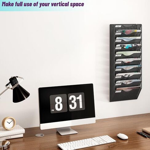 12 Tier Hanging File Holder, Metal Wall File Organizer, Hanging File Organizer for Office, Mail Organizer Wall Mounted, Convenient Office Organization, Black in Saudi Arabia