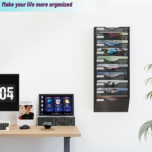 12 Tier Hanging File Holder, Metal Wall File Organizer, Hanging File Organizer for Office, Mail Organizer Wall Mounted, Convenient Office Organization, Black in Saudi Arabia
