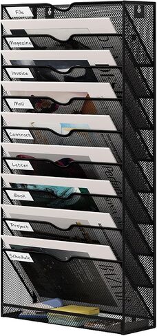 12 Tier Hanging File Holder, Metal Wall File Organizer, Hanging File Organizer for Office, Mail Organizer Wall Mounted, Convenient Office Organization, Black in Saudi Arabia