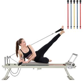 Pilates Reformer，Grey Frame Portable Foldable Pilates Machine Fitness Equipment for Women - Home Gym Essentials,Suitable for Intermediate and Beginners Users,with 3 Level Cords Resistance,up to 250lbs