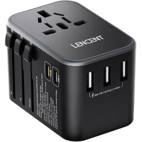 LENCENT 70W Universal Travel Adapter, GaN International Fast Charger with 3 PD3.0 Type C+2 QC USB A, Worldwide Power Adapter for Phones,Laptops, All in One Travel Essentials for EU/USA/UK/AU