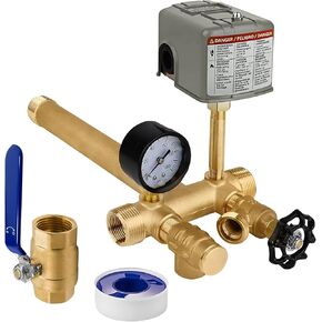 Pressure Tank Tee Kit 1"x 11" with 40-60psi Well Pressure Switch and Pressure Gauge Water Pressure Tank Kit, Brass, fit Most Tanks with Diameters up to 16"