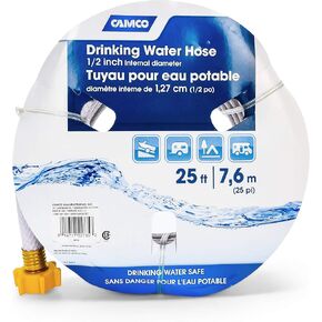 Camco TastePURE 25’ Camper / RV Drinking Water Hose | Certified Drinking Water Safe | Features Reinforced PVC Design w/Easy Grip Swivel Female Connector | 1/2-Inch ID (22735)