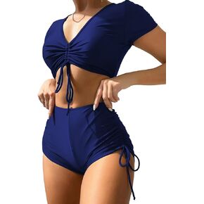 Lilosy High Waisted Tummy Control Drawstring Bikini Set Srting Swimsuit Short Sleeve Top and Tie Side Shorts 2 Piece