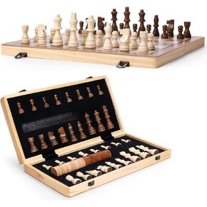 Chess Set 15'' Chess Board Wooden Magnetic Folding Chess Board Set for Adults & Kids Checkers Game for Kids Portable Travel Chess Game for Beginner 2 Extra Queens