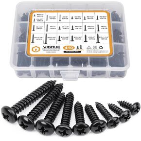 VIGRUE 620Pcs Black Stainless Steel Screws Assortment Kit #4#6#8#10#12 Phillips Flat Head Sheet Metal Screws Self Tapping, Black Metal Wood Screw Set