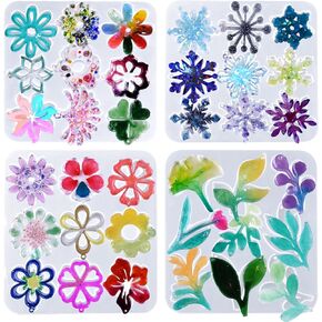 (4 Pack) Resin Earring Molds, Resin Jewelry Molds Variety Shape Flower Leaf Earring Silicone Pendant Molds for Women Girls Epoxy Resin Earrings