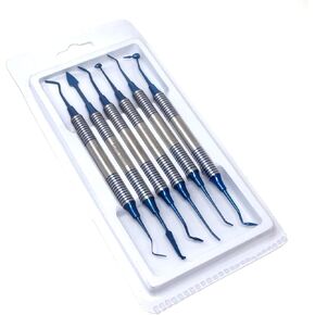 Set of 6 Dental Composite Placement Instruments Hand Carving Dentistry Kit, Blue Titanium Coated Tips, Stainless Steel Kit