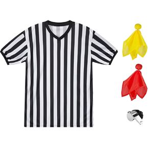Referee Shirt Womens Men Referee Costume 4pc with Umpire Jersey Ref Uniform Referee Flags and Whistle for Football Halloween