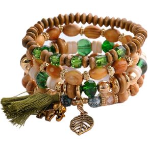 Pingyongchang Boho Stackable Beaded Strand Stretch Leaf Charm Bangles Blacelet Bohemian Mix Bead Multi-Layer Bead Crystal Tatement Bracelets for Women Girls Gifts Jewelry
