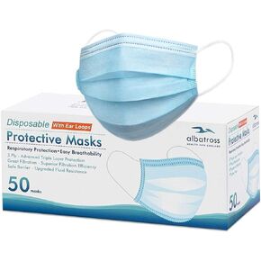 أقنعة الوجه المكونة من 3 طبقات للاستعمال مرة واحدة، عبوة مكونة من 50 قطعة/صندوق، قناع وجه أسود ممتاز من 3 طبقات من Albatross Health، فلتر قناع أمان للحماية، غطاء للفم والأنف للبالغين in Kuwait