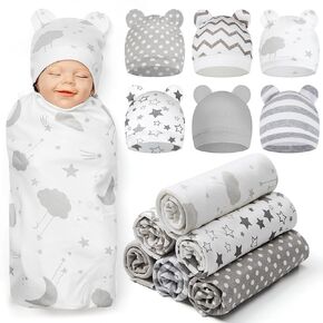 6 Sets Baby Swaddle Blanket with Hats Receiving Blankets for Boys Girl Baby Receiving Blankets Newborn Swaddle Wrap Hospital Receiving Blankets for 0-6 Mouths Unisex Baby Boys Girls