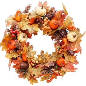 Fall Wreaths for Front Door Outside, 21 Inch Artifical Fall Front Door Wreath Fall Wreath Decor with Pumpkins Maple Leaves for Autumn Outdoor Window Wall Thanksgiving Decorations (Orange)