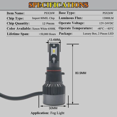 P13W LED Fog Light Bulbs 60W Canbus Error Free 12000LM Extremely Bright Fog Lamp Replacement, 6500K Cool White, 2 Packs in Saudi Arabia