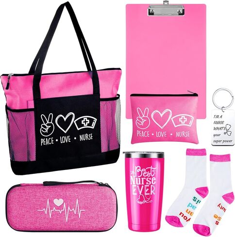 مجموعة هدايا ممرضة مكونة من 7 قطع للنساء، مجموعة هدايا تقدير التمريض، تتضمن حقيبة حمل بسحاب، وسلسلة مفاتيح، وحقيبة سماعة الطبيب، وحقائب الرضاعة، وكوب النبيذ، وحافظة، وجوارب (وردي) in Kuwait