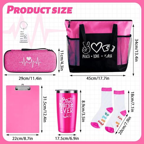 مجموعة هدايا ممرضة مكونة من 7 قطع للنساء، مجموعة هدايا تقدير التمريض، تتضمن حقيبة حمل بسحاب، وسلسلة مفاتيح، وحقيبة سماعة الطبيب، وحقائب الرضاعة، وكوب النبيذ، وحافظة، وجوارب (وردي) in Kuwait