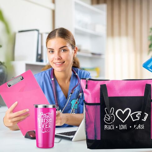 مجموعة هدايا ممرضة مكونة من 7 قطع للنساء، مجموعة هدايا تقدير التمريض، تتضمن حقيبة حمل بسحاب، وسلسلة مفاتيح، وحقيبة سماعة الطبيب، وحقائب الرضاعة، وكوب النبيذ، وحافظة، وجوارب (وردي) in Kuwait