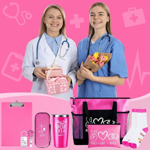 مجموعة هدايا ممرضة مكونة من 7 قطع للنساء، مجموعة هدايا تقدير التمريض، تتضمن حقيبة حمل بسحاب، وسلسلة مفاتيح، وحقيبة سماعة الطبيب، وحقائب الرضاعة، وكوب النبيذ، وحافظة، وجوارب (وردي) in Kuwait