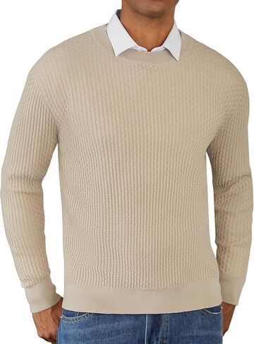Mens Crewneck Pullover Sweater Knit Textured Long Sleeve Casual Slim Fit Sweaters in Saudi Arabia