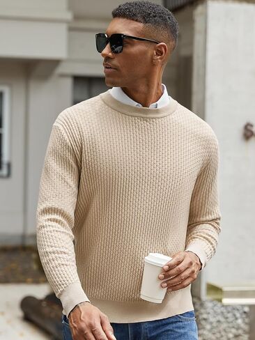 Mens Crewneck Pullover Sweater Knit Textured Long Sleeve Casual Slim Fit Sweaters in Saudi Arabia