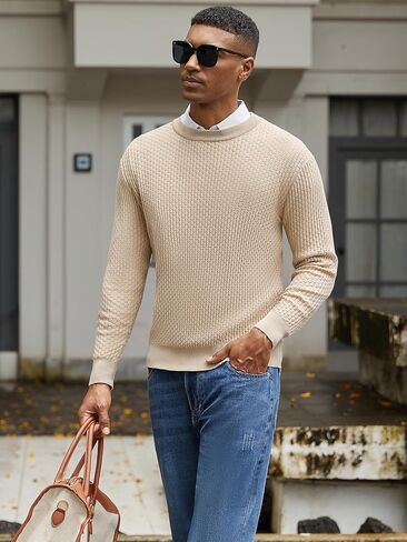Mens Crewneck Pullover Sweater Knit Textured Long Sleeve Casual Slim Fit Sweaters in Saudi Arabia