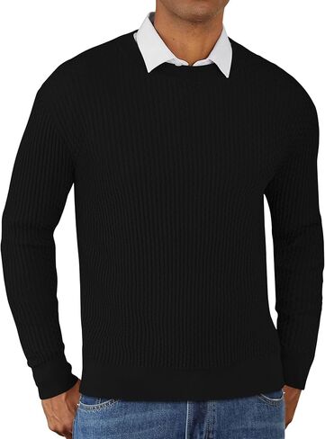 Mens Crewneck Pullover Sweater Knit Textured Long Sleeve Casual Slim Fit Sweaters in Saudi Arabia