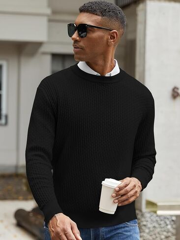 Mens Crewneck Pullover Sweater Knit Textured Long Sleeve Casual Slim Fit Sweaters in Saudi Arabia