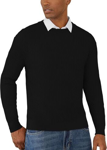 Mens Crewneck Pullover Sweater Knit Textured Long Sleeve Casual Slim Fit Sweaters in Saudi Arabia