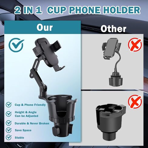 حامل أكواب للهاتف - موسع حامل أكواب السيارة 2 في 1، حامل هاتف خلوي عالمي قابل للتعديل معقوفة مناسب لهاتف iPhone وAndroid وجميع الهواتف الذكية in Kuwait