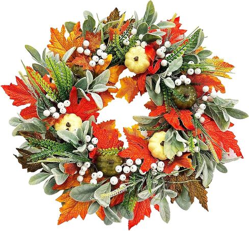 Fall Wreaths for Front Door Outside, 21 Inch Artifical Fall Front Door Wreath Fall Wreath Decor with Pumpkins Maple Leaves for Autumn Outdoor Window Wall Thanksgiving Decorations (Orange) in Saudi Arabia