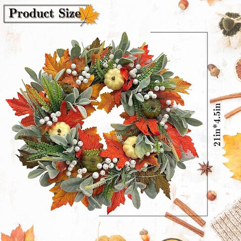 Fall Wreaths for Front Door Outside, 21 Inch Artifical Fall Front Door Wreath Fall Wreath Decor with Pumpkins Maple Leaves for Autumn Outdoor Window Wall Thanksgiving Decorations (Orange) in Saudi Arabia
