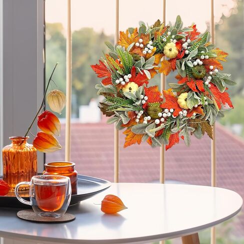 Fall Wreaths for Front Door Outside, 21 Inch Artifical Fall Front Door Wreath Fall Wreath Decor with Pumpkins Maple Leaves for Autumn Outdoor Window Wall Thanksgiving Decorations (Orange) in Saudi Arabia