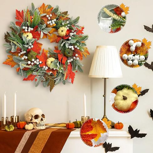 Fall Wreaths for Front Door Outside, 21 Inch Artifical Fall Front Door Wreath Fall Wreath Decor with Pumpkins Maple Leaves for Autumn Outdoor Window Wall Thanksgiving Decorations (Orange) in Saudi Arabia